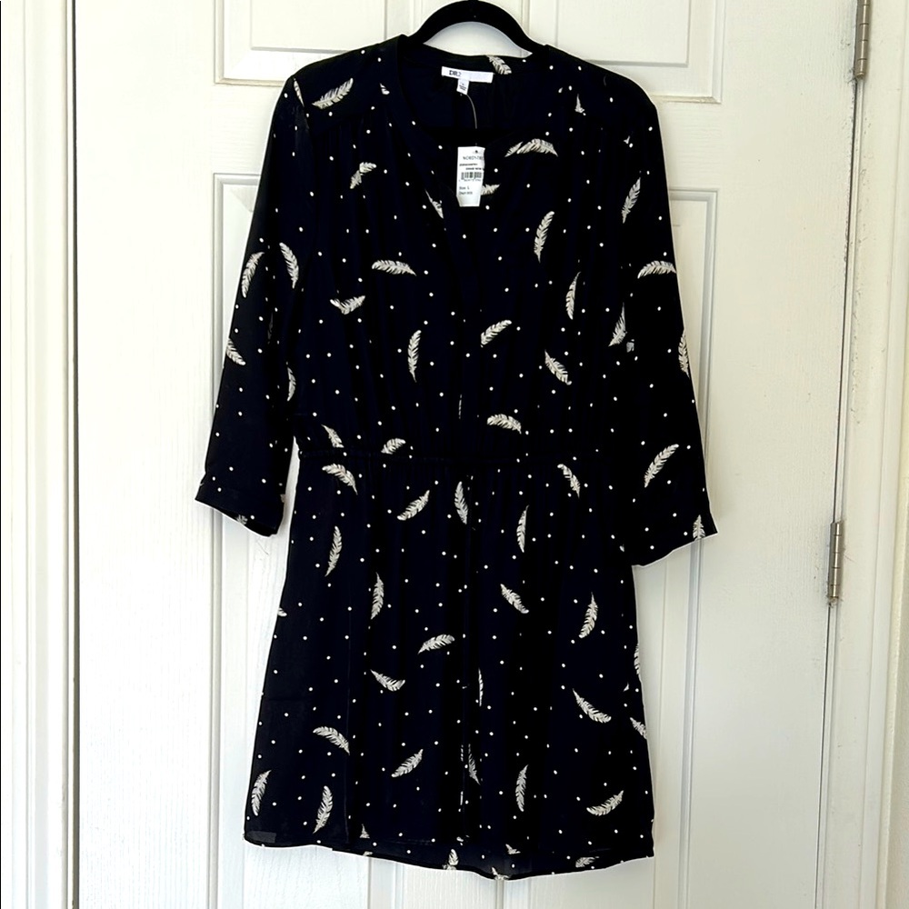 NWT Black Dress with White Feather Print